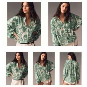 Anthropologie Pilcro Oversized Batwing Blouse Green Floral Women's Size XXS